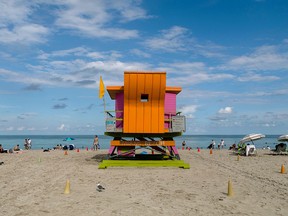 A lifeguard tower is seen on the shore during a hurricane alert for this weekend in South Miami Beach on August 29, 2019. (EVA MARIE UZCATEGUI/AFP/Getty Images)