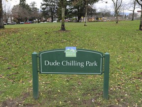 A very official looking sign that reads Dude Chilling Park has replaced the official City of Vancouver sign at Guelph Park in Vancouver. (Jason Payne/ PNG)