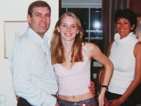 From left, Prince Andrew, one of Epstein's underage sex slaves Virginia Roberts and his alleged procurer, socialite Ghislaine Maxwell.