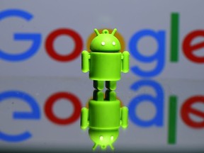A 3D printed Android mascot, Bugdroid, seen in front of a Google logo in this illustration taken July 9, 2017.