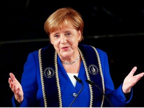 German Chancellor Angela Merkel speaks after receiving an honorary doctorate by HHL Leipzig Graduate School of Management during a ceremony in Leipzig Opera House in Leipzig, Germany, August 31, 2019.