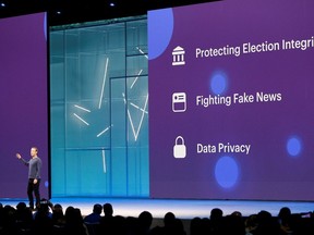 Facebook CEO Mark Zuckerberg speaks about protecting election integrity, fighting "fake news" and data privacy at Facebook Inc's annual F8 developers conference in San Jose, California, U.S. May 1, 2018.