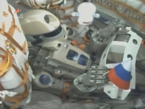 A still image, taken from a video footage and released by Russian space agency Roscosmos, shows robot Skybot F-850, also known as FEDOR, inside the Russian Soyuz MS-14 spacecraft carried by Soyuz-2.1a booster after the launch from the Baikonur Cosmodrome, Kazakhstan Aug. 22, 2019.