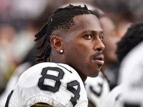 Raiders wide receiver Antonio Brown looks on during the first half against the Arizona Cardinals during a preseason game at State Farm Stadium in Glendale, Ariz., on Aug. 15, 2019.