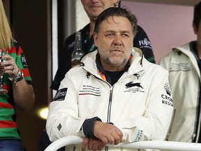 Rabbitohs owner Russell Crowe watches on from the grand stand during the NRL Preliminary Final match between the Sydney Roosters and the South Sydney Rabbitohs at Allianz Stadium on Sept. 22, 2018 in Sydney, Australia. (Mark Kolbe/Getty Images)