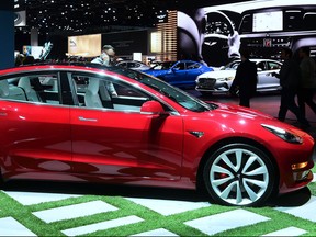 The Tesla Model 3 on display in Los Angeles, California on November 29, 2018 at Automobility LA, formerly the LA Auto Show Press and Trade Days, which opens to the public from November 30 to December 9.
