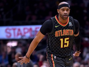 Vince Carter of the Atlanta Hawks celebrates his three pointer during a 123-118 win over the L.A. Clippers at Staples Center on Jan. 28, 2019 in Los Angeles. (Harry How/Getty Images)