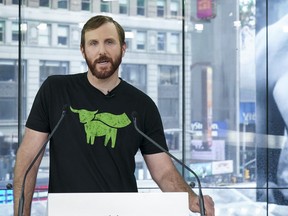 Beyond Meat CEO Ethan Brown speaks before ringing the opening bell at Nasdaq MarketSite, May 2, 2019 in New York City. Valued at around $1.5 billion, Beyond Meat makes plant-based burgers and sausages.