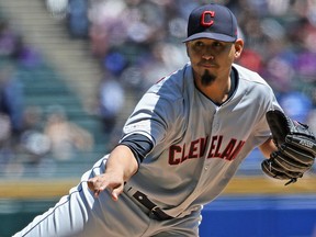 Starting pitcher Carlos Carrasco of the Cleveland Indians delivers the ball against the Chicago White Sox at Guaranteed Rate Field on May 14, 2019 in Chicago, Ill. (Jonathan Daniel/Getty Images)