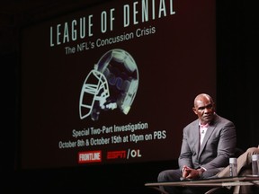 NFL Hall of Famer Harry Carson speaks onstage during the "League of Denial: The NFL's Concussion Crisis" panel at the PBS portion of the 2013 Summer Television Critics Association tour at the Beverly Hilton Hotel on Aug. 6, 2013 in Beverly Hills, Calif.