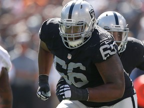 Gabe Jackson of the Oakland Raiders defends against the Denver Broncos in the second quarter at O.co Coliseum on Oct. 11, 2015 in Oakland, Calif. (Ezra Shaw/Getty Images)