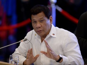 Philippine President Rodrigo Duterte delivers a statement during the 19th Association of Southeast Asian Nations (ASEAN)-South Korea Summit on the sidelines of the 31st ASEAN Summit and Related summits at the Philippine International Convention Center (PICC) in Manila on November 13, 2017.