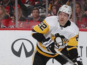 Matt Hunwick of the Pittsburgh Penguins skates against the New Jersey Devils at the Prudential Center on March 29, 2018 in Newark, N.J. (Bruce Bennett/Getty Images)