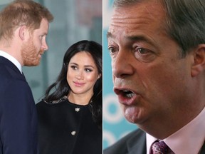 Prince Harry and Meghan Markle, left, and Nigel Farage. (WENN.com and Reuters file photos)