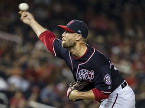 Hunter Strickland of the Washington Nationals pitches against the Milwaukee Brewers at Nationals Park on August 16, 2019 in Washington. (Scott Taetsch/Getty Images)