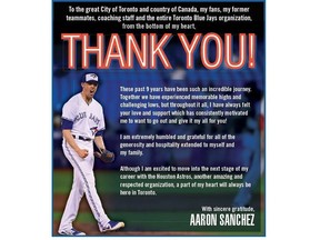 Aaron Sanchez thanked fans in Toronto in a full-page ad published in Sunday's print edition of The Toronto Sun.