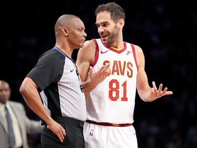 Jose Calderon of the Cleveland Cavaliers has a conversation with an official during a game against the Brooklyn Nets at Barclays Center on March 25, 2018. (Abbie Parr/Getty Images)