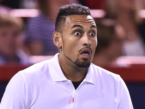 Nick Kyrgios of Australia reacts in his match against Kyle Edmund of Great Britain during day 5 of the Rogers Cup at IGA Stadium on Aug. 6, 2019 in Montreal.