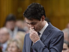 Prime Minister Justin Trudeau pauses while making a formal apology to individuals harmed by federal legislation, policies, and practices that led to the oppression of and discrimination against LGBTQ2 people in Canada, in the House of Commons in Ottawa, Tuesday, Nov.28, 2017.