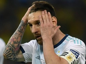 Argentina's Lionel Messi gestures during the Copa America tournament semifinal match against Brazil at the Mineirao Stadium in Belo Horizonte, Brazil, on July 2, 2019.