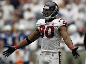Mario Williams of the Houston Texans reacts during a game against the Indianapolis Colts at Reliant Stadium on September 11, 2011 in Houston. (Bob Levey/Getty Images)