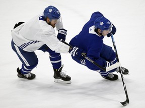 Maple Leafs forward William Nylander chases down teammate Mitch Marner during practice at the MCC in Toronto on January 13, 2019. (Jack Boland/Toronto Sun)