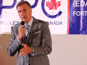 Maxime Bernier, leader of the People's Party of Canada, speaks during a party event in Fort McMurray, Alta., on July 9, 2019.