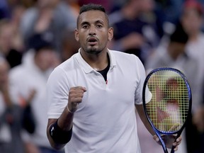 Nick Kyrgios celebrates his win during his Men's Singles first round match against Steve Johnson on day two of the U.S. Open at the USTA Billie Jean King National Tennis Center in New York City on Tuesday, Aug. 27, 2019.