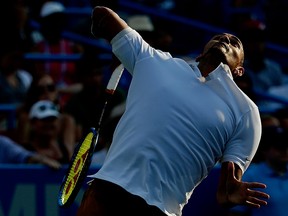 Nick Kyrgios of Australia serves against Daniil Medvedev of Russia (not pictured) in the men's singles final of the 2019 Citi Open at William H.G. FitzGerald Tennis Center.