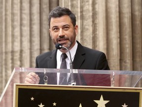 Comedian Jimmy Kimmel speaks during a ceremony honoring rapper Snoop Dogg with a star on the Hollywood Walk of Fame on Monday, Nov. 19, 2018, in Los Angeles.