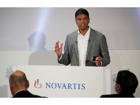 Novartis CEO Vas Narasimhan addresses the Swiss drugmaker's annual news conference in Basel, Switzerland, January 30, 2019.