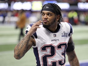 In this Sunday, Feb. 3, 2019, file photo, New England Patriots' Patrick Chung gestures before Super Bowl 53 in Atlanta. (AP Photo/Gregory Payan, File)