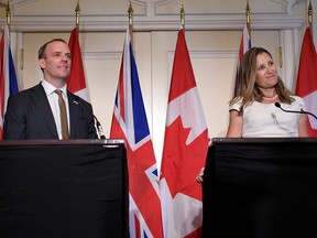 Britain's Secretary of Foreign Affairs Dominic Raab and  Foreign Affairs Minister Chrystia Freeland at a news conference after the two met in Toronto, Ontario, Aug. 6, 2019.