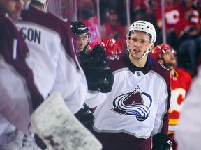 Mikko Rantanen of the Colorado Avalanche celebrates with the bench after scoring against the Calgary Flames at Scotiabank Saddledome on April 19, 2019 in Calgary. (Derek Leung/Getty Images)