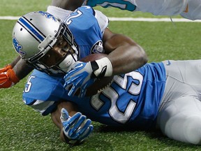 Theo Riddick of the Detroit Lions catches a fourth quarter touchdown pass  at Ford Field on Nov. 9, 2014 in Detroit.