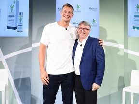 Rob Gronkowski (left) and CEO of Abacus Health Products Perry Antelman (right) attend Rob Gronkowski Becomes An Advocate For CBD And Partners With Abacus Health Products, Maker Of CBDMEDIC in New York City, on Tuesday, Aug. 27, 2019.