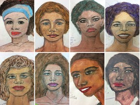 This combination of pictures created on February 13, 2019 shows sixteen recent drawings released by the Federal Bureau of Investigation (FBI), by suspect Samuel Little, based on his memories of some of his female victims from various locations spread across the US. - The FBI has released 16 drawings by a man who may be the most prolific serial killer in US history in an attempt to identify some of his victims. Samuel Little, a 78-year-old drifter, has confessed to 90 murders committed between 1970 and 2005 and the authorities have corroborated more than 40 of them so far.Little, a 6ft 3in (1.9m) former boxer also known as Samuel McDowell, is serving a life sentence in a Texas prison.The FBI on Tuesday published 16 haunting drawings of women made by Little in an effort to identify some of his victims. (Photos by HO / FBI / AFP) /