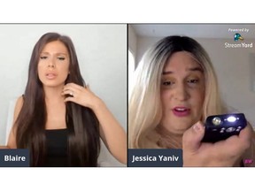B.C. transgender activist Jessica Yaniv, right, brandishes an electric stun gun during a live interview with commentator Blaire White on Monday, Aug. 5. RCMP officers arrested Yaniv at her home hours later.