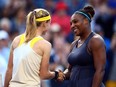 Serena Williams shakes hands with Marie Bouzkova following a semifinal match on Day 8 of the Rogers Cup at Aviva Centre in Toronto on Saturday, Aug. 10, 2019.