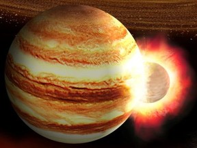 The collision between a young Jupiter and a massive still-forming protoplanet in the early solar system is seen in this artist illustration, released on August 14, 2019.