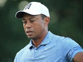 Tiger Woods is pictured on the driving range during practice for the BMW Championship at Medinah Country Club in Medinah, Illinois. (Andrew Redington/Getty Images)