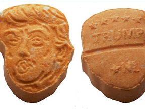 A handout picture made available on August 21, 2017 by the police in Osnabrueck, Germany shows ecstasy tablets shaped like the head of U.S. President Donald Trump that were found by police. (STRINGER/AFP/Getty Images)