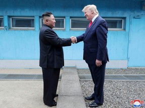 U.S. President Donald Trump shakes hands with North Korean leader Kim Jong Un as they meet at the demilitarized zone separating the two Koreas, in Panmunjom, South Korea, June 30, 2019.