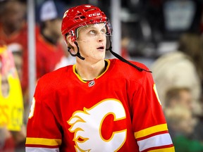 Calgary Flames Juuso Valimaki during the pre-game skate before facing the Chicago Blackhawks in NHL hockey at the Scotiabank Saddledome in Calgary on Saturday, Nov. 3, 2018.