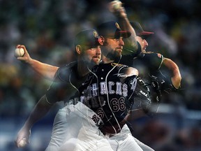 Jason Simontacchi of Leones del Caracas of Venezuela pitches in this multiple exposure during a Caribbean Series match at Guatamare stadium in Porlamar, Venezuela, on February 3, 2010. (JUAN BARRETO/AFP/Getty Images)