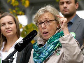 Green Party leader Elizabeth May gestures as she speaks during a campaign stop outside Sunalta LRT station near downtown Calgary on  Friday, September 20, 2019. The party unveiled a plan to revamp transportation. (Jim Wells/Postmedia)