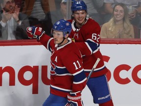 Montreal Canadiens Brendan Gallagher (11) celebrates his goal with teammate Artturi Lehkonen (62) during second period NHL exhibition game against the Florida Panthers in Montreal on Thursday September 19, 2019.