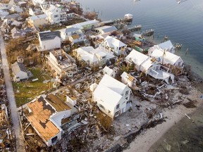 An aerial view of view of damaged homes in Hurricane Dorian devastated Elbow Key Island on September 7, 2019 ion Elbow Key Island, Bahamas.  The official death toll has risen to 43 and according to officials is likely to increase even more.
