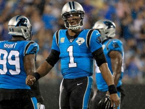 Cam Newton of the Carolina Panthers watches on against the Tampa Bay Buccaneers during their game at Bank of America Stadium on September 12, 2019 in Charlotte, North Carolina.
