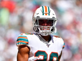 Minkah Fitzpatrick of the Miami Dolphins looks on in the third quarter against the a at Hard Rock Stadium on September 15, 2019 in Miami, Florida. (Mark Brown/Getty Images)